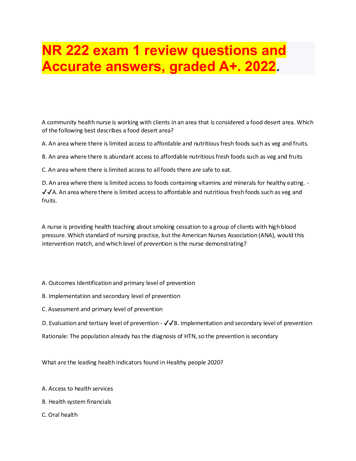 NR 222 exam 1 review questions and Accurate answers, graded A+. 2022.